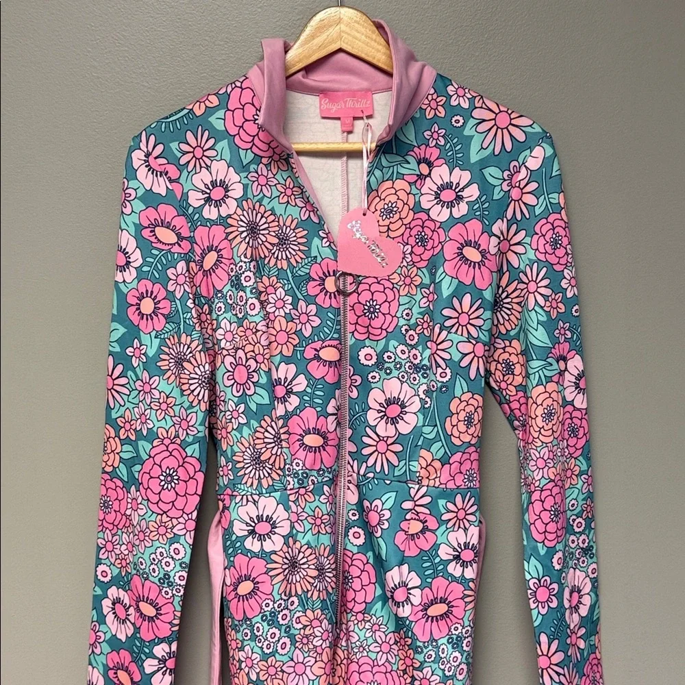 Sugar Thrillz Floral Zip Front Bodysuit NWT Size M Pink Blue - Picture 2 of 5